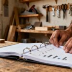 Artisan préparant un dossier de financement professionnel avec tableaux financiers et calculatrice dans son atelier