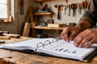 Artisan préparant un dossier de financement professionnel avec tableaux financiers et calculatrice dans son atelier