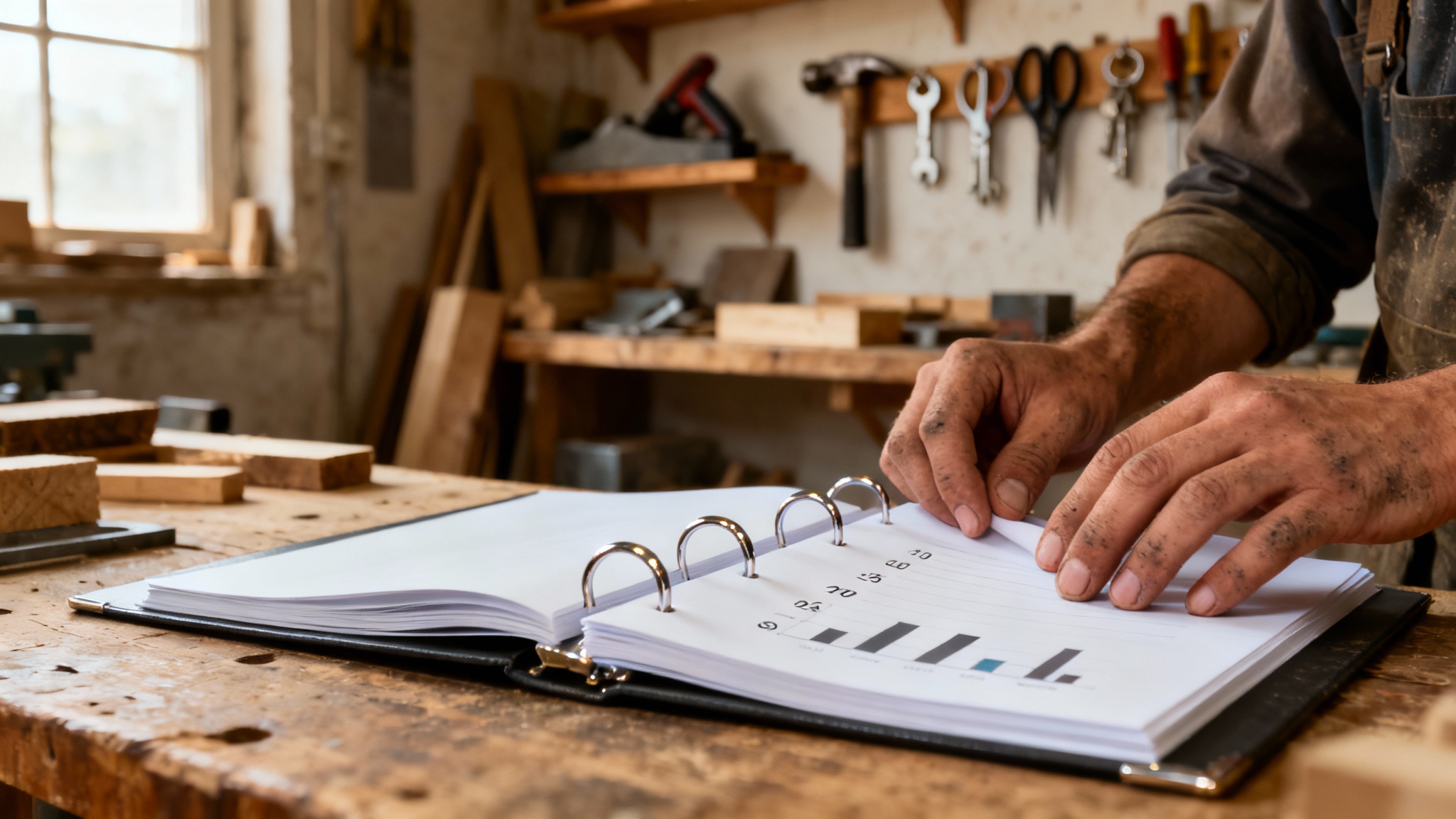 Artisan préparant un dossier de financement professionnel avec tableaux financiers et calculatrice dans son atelier